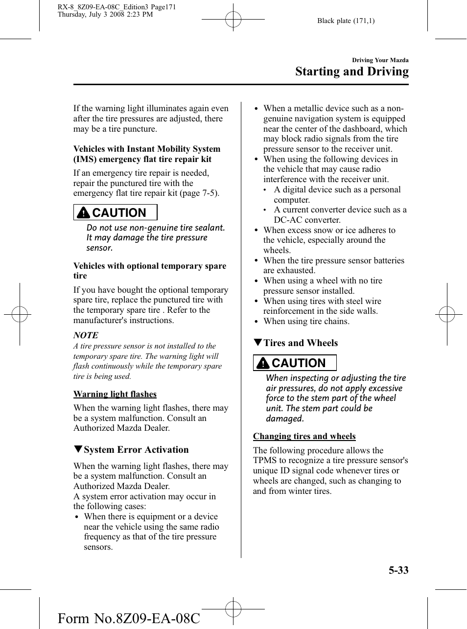 Starting and driving, Caution, Qsystem error activation | Qtires and wheels | Mazda 2009 RX-8 User Manual | Page 171 / 430