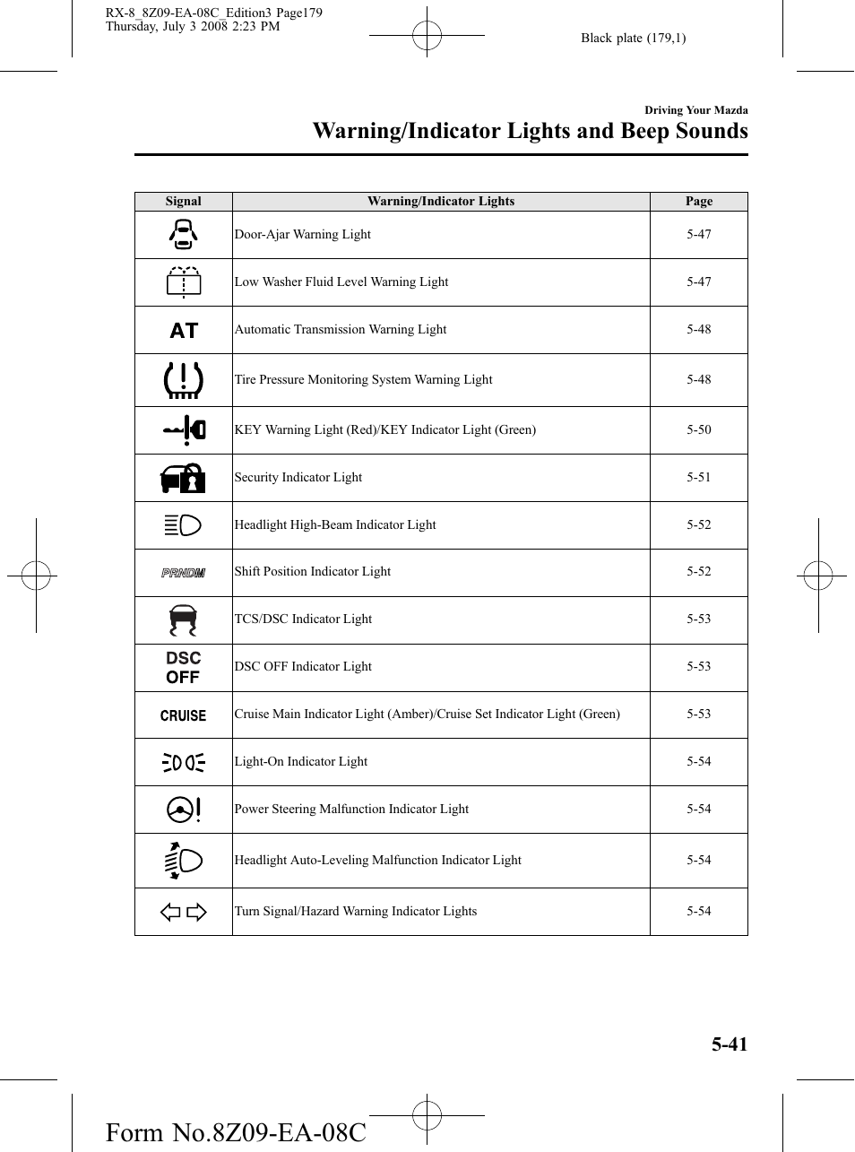 Warning/indicator lights and beep sounds | Mazda 2009 RX-8 User Manual | Page 179 / 430