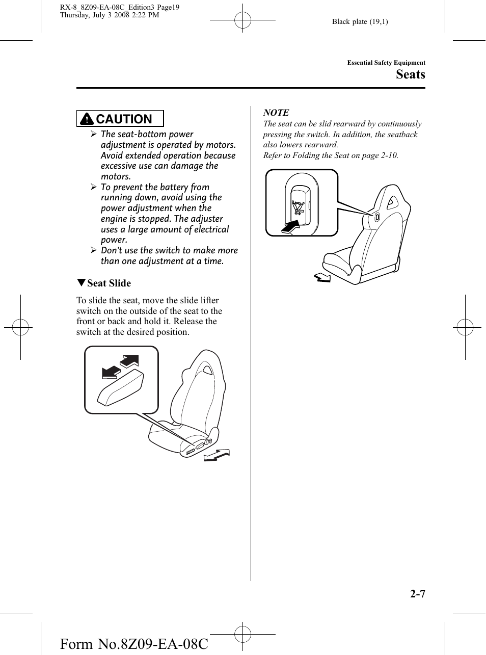 Seats, Caution | Mazda 2009 RX-8 User Manual | Page 19 / 430