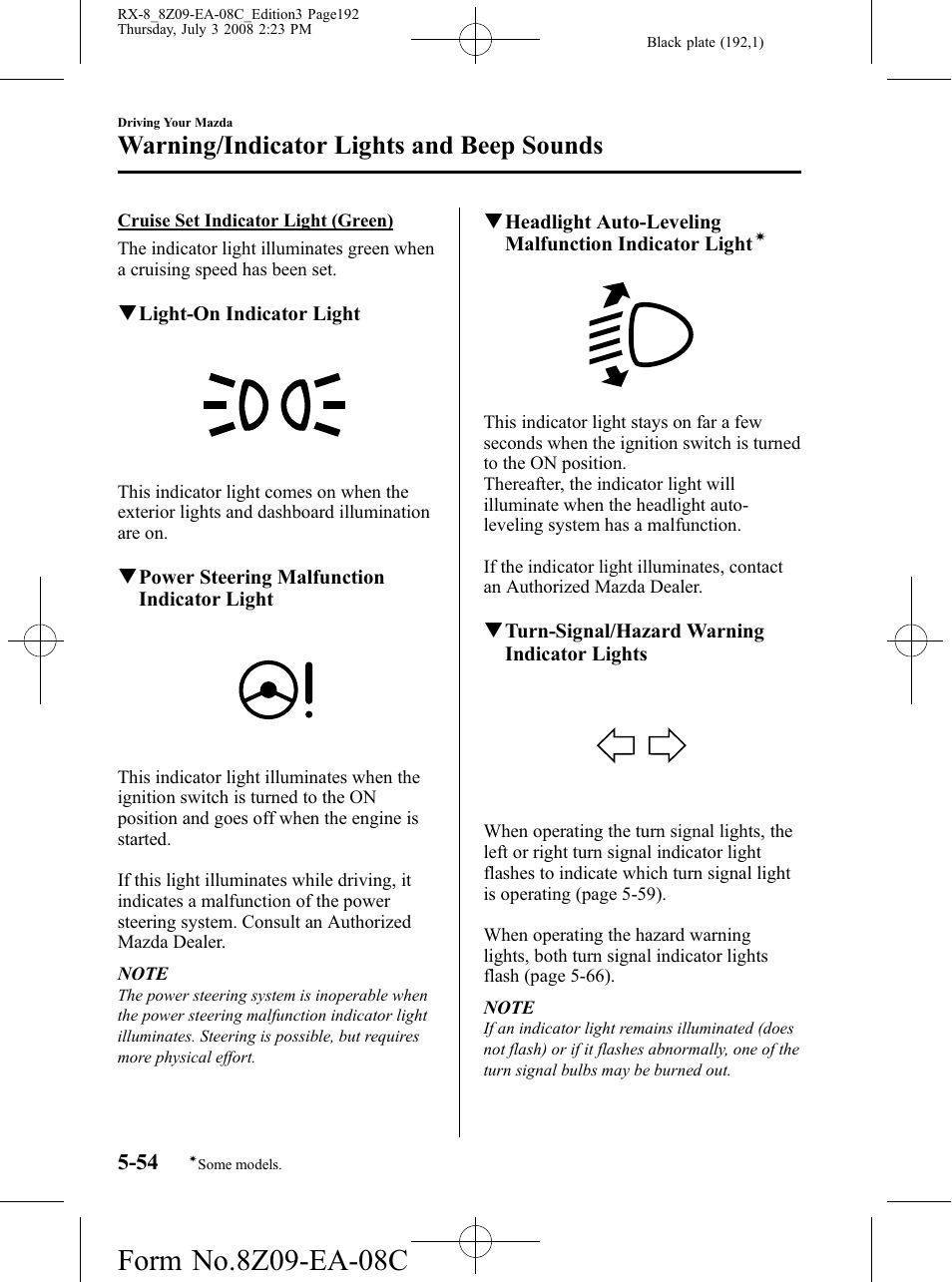Warning/indicator lights and beep sounds | Mazda 2009 RX-8 User Manual | Page 192 / 430
