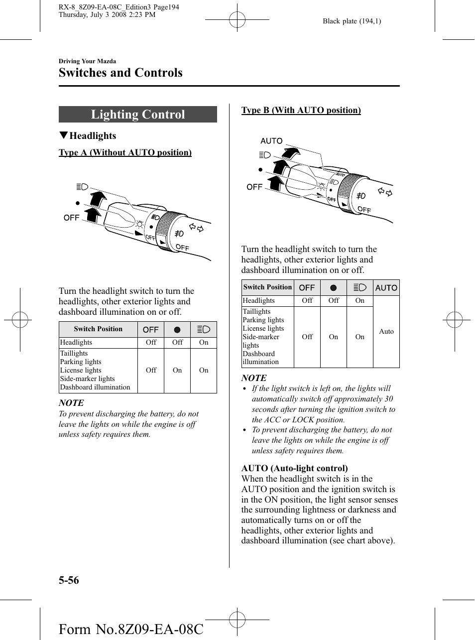 Switches and controls, Lighting control, Switches and controls -56 | Lighting control -56, Qheadlights | Mazda 2009 RX-8 User Manual | Page 194 / 430