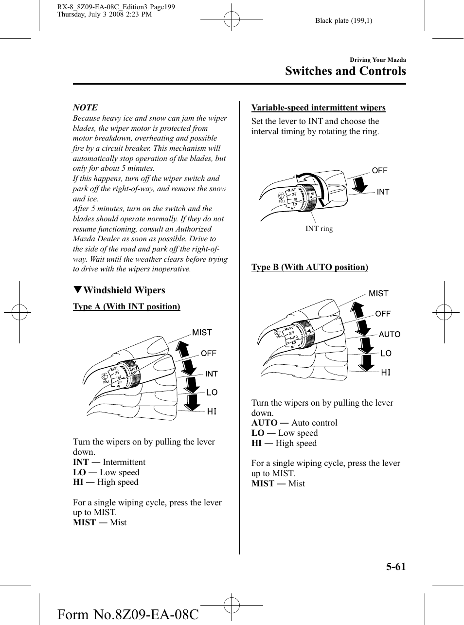Switches and controls | Mazda 2009 RX-8 User Manual | Page 199 / 430