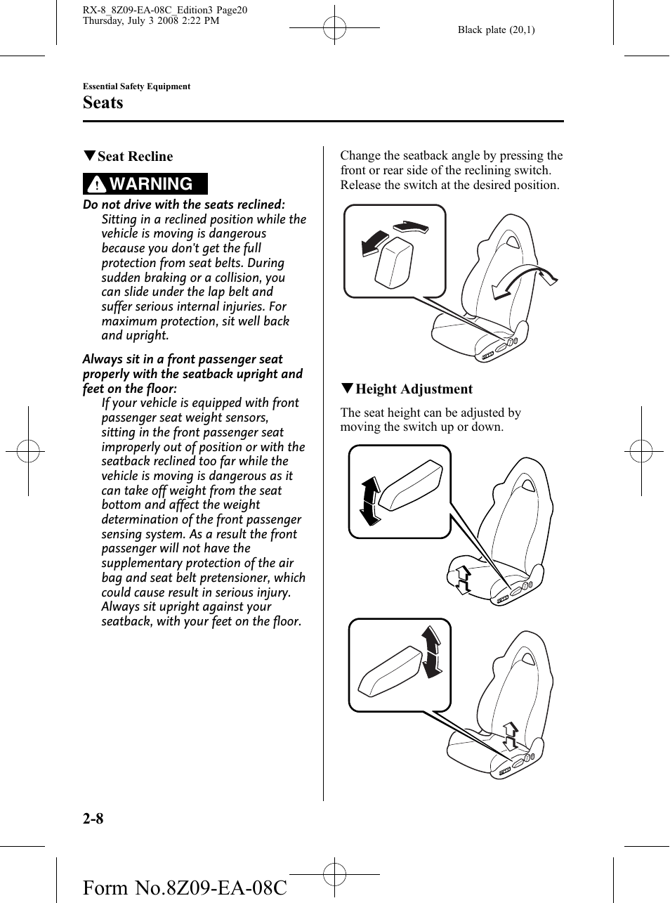 Seats, Warning | Mazda 2009 RX-8 User Manual | Page 20 / 430