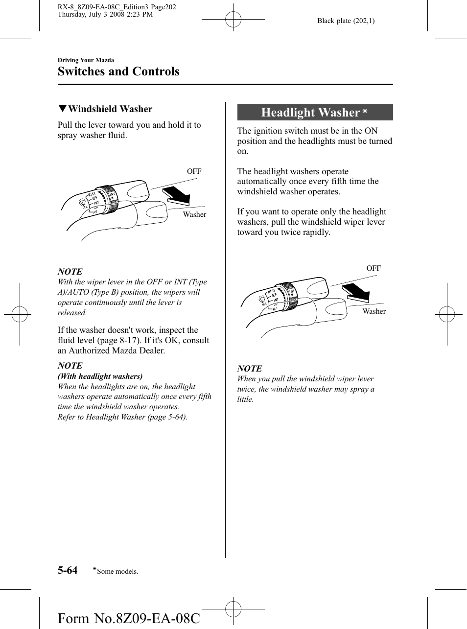 Headlight washer, Switches and controls | Mazda 2009 RX-8 User Manual | Page 202 / 430