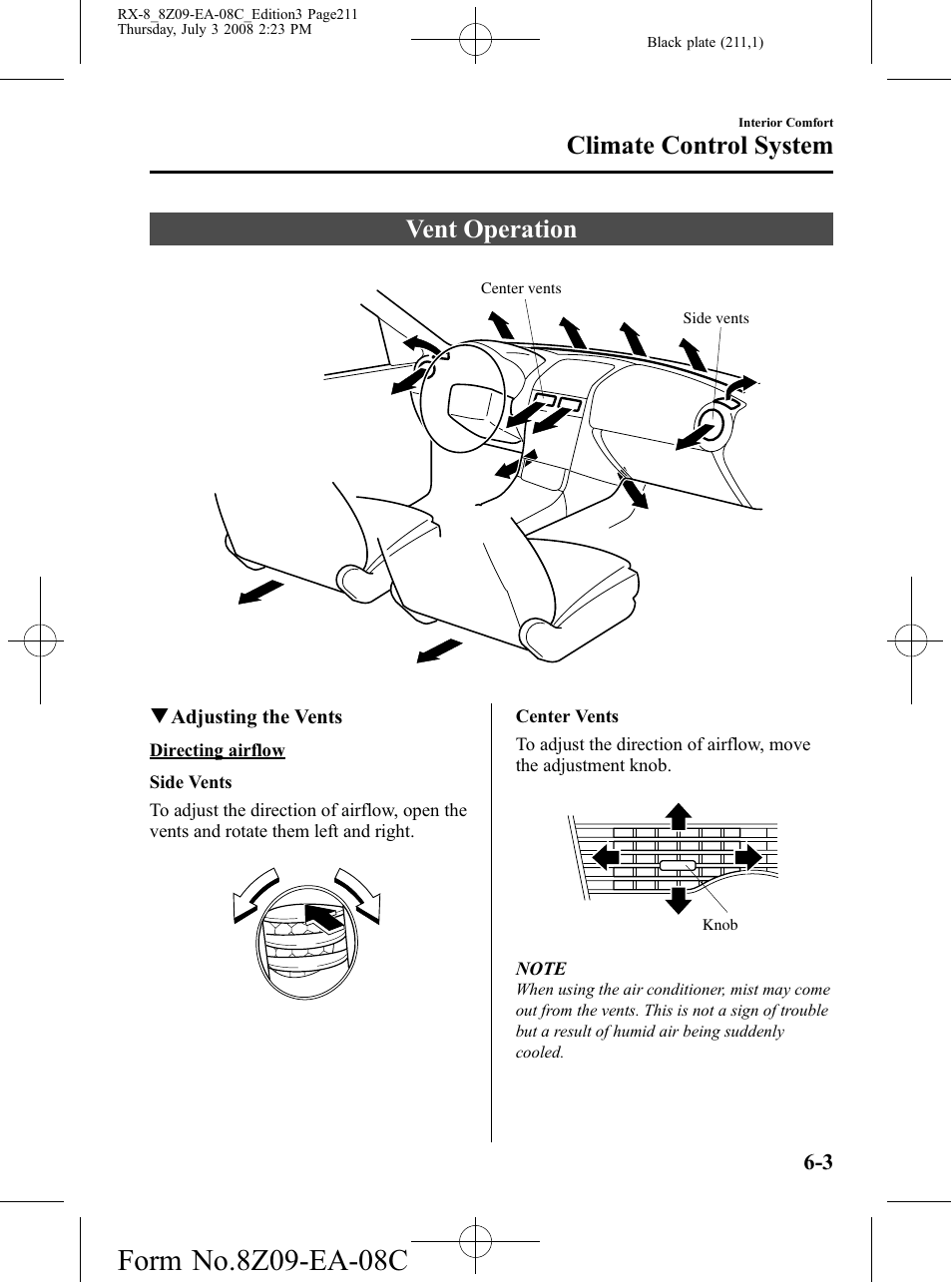 Vent operation, Vent operation -3, Climate control system | Mazda 2009 RX-8 User Manual | Page 211 / 430