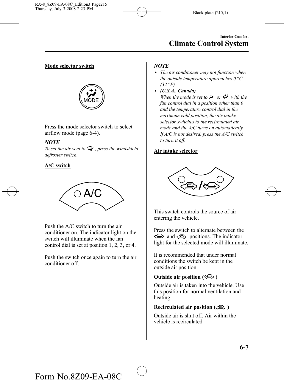 Climate control system | Mazda 2009 RX-8 User Manual | Page 215 / 430