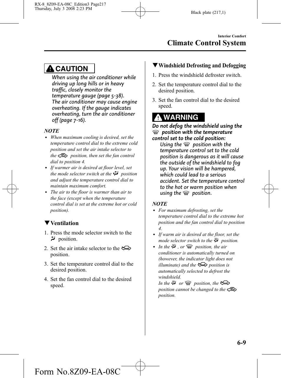 Climate control system, Caution, Warning | Mazda 2009 RX-8 User Manual | Page 217 / 430