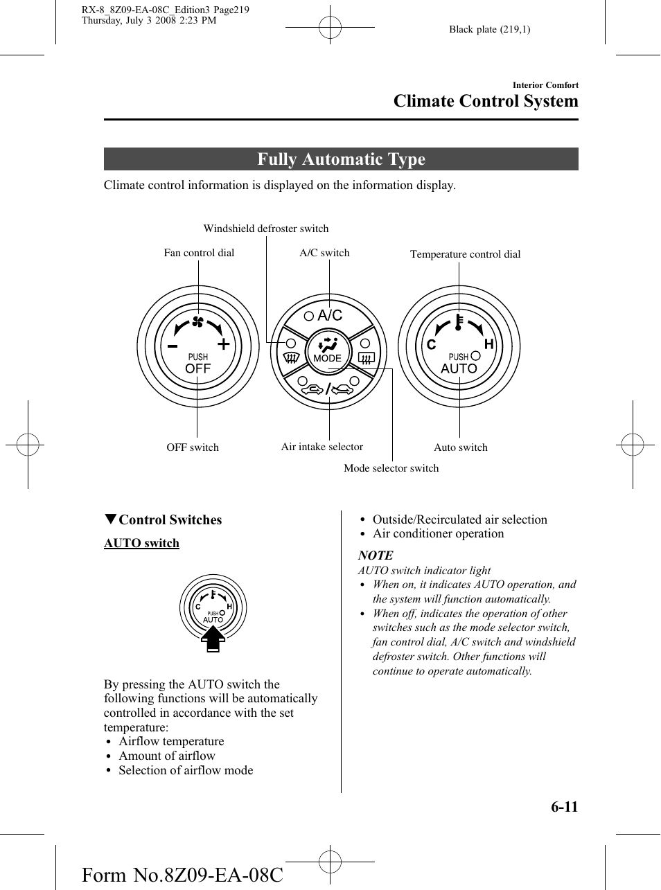 Fully automatic type, Fully automatic type -11, Climate control system | Qcontrol switches | Mazda 2009 RX-8 User Manual | Page 219 / 430