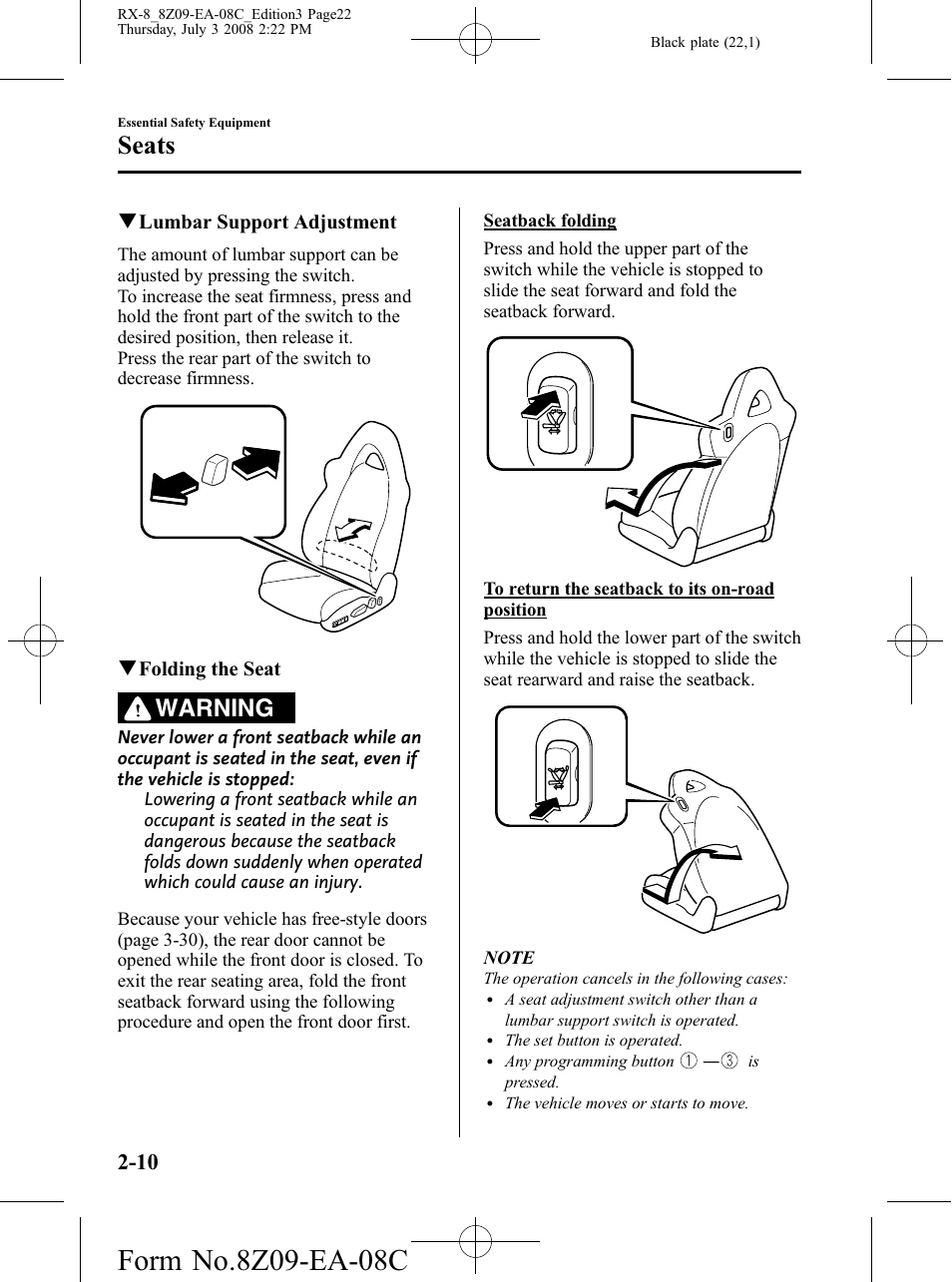 Seats, Warning | Mazda 2009 RX-8 User Manual | Page 22 / 430