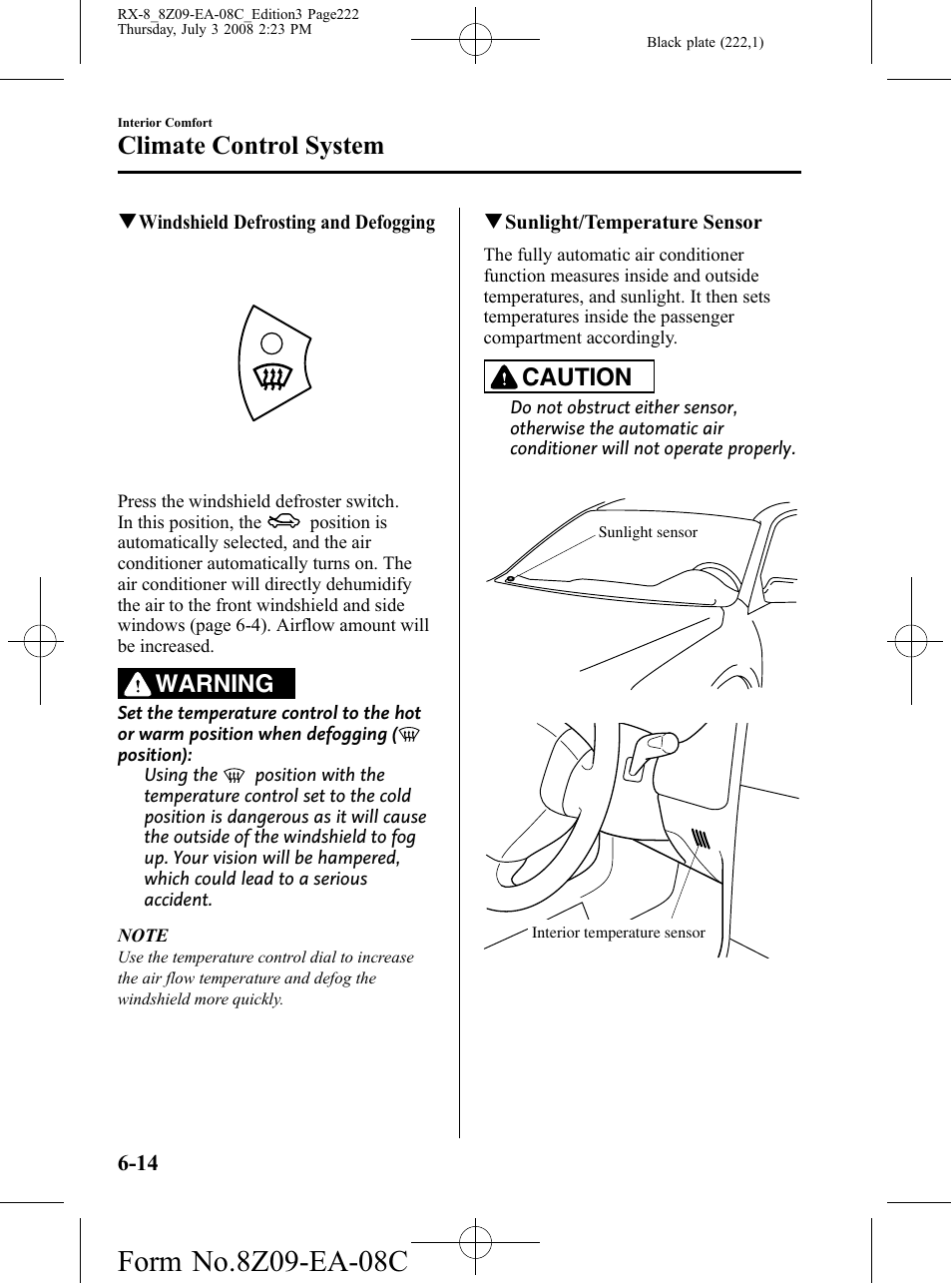 Climate control system, Warning, Caution | Mazda 2009 RX-8 User Manual | Page 222 / 430