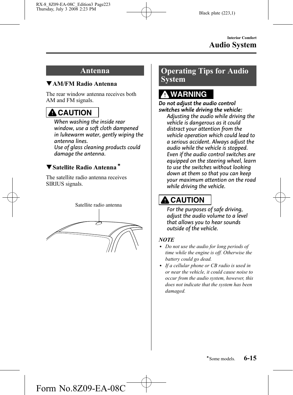 Audio system, Antenna, Operating tips for audio system | Audio system -15, Antenna -15 operating tips for audio system -15, Caution, Warning | Mazda 2009 RX-8 User Manual | Page 223 / 430