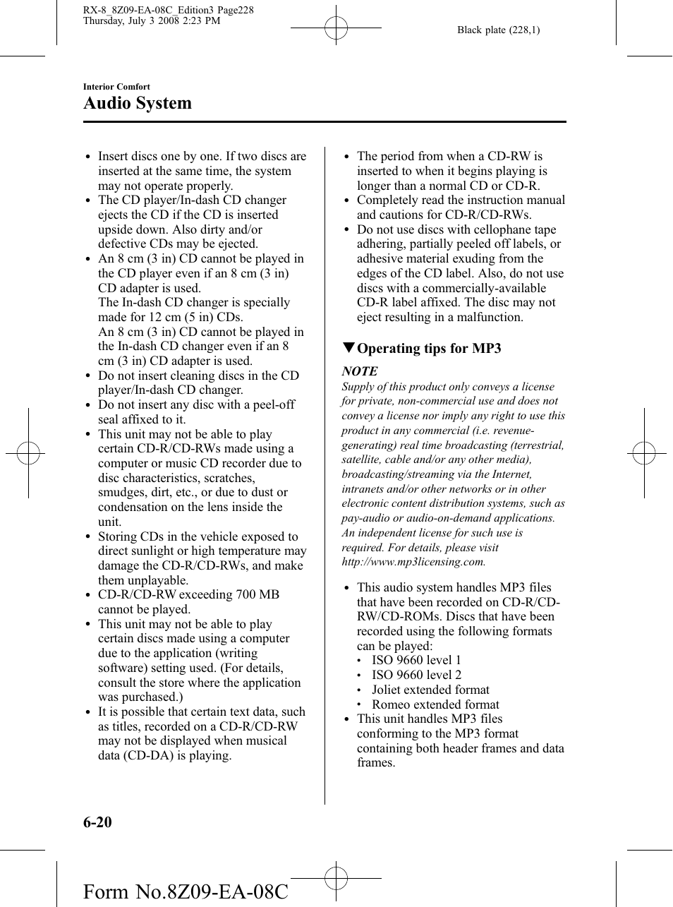 Audio system, Qoperating tips for mp3, Cd-r/cd-rw exceeding 700 mb cannot be played | Joliet extended format, Romeo extended format | Mazda 2009 RX-8 User Manual | Page 228 / 430