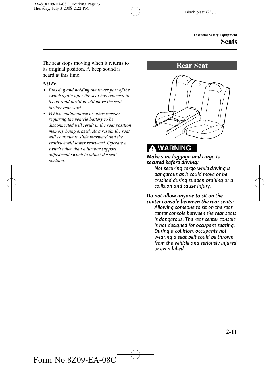 Rear seat, Rear seat -11, Seats | Warning | Mazda 2009 RX-8 User Manual | Page 23 / 430