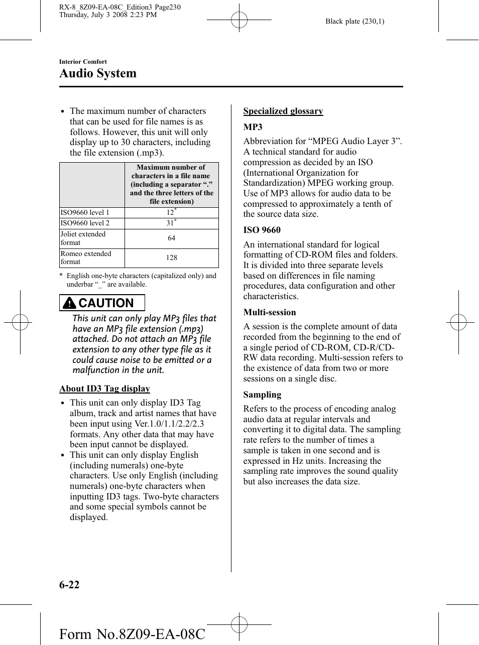 Audio system, Caution | Mazda 2009 RX-8 User Manual | Page 230 / 430