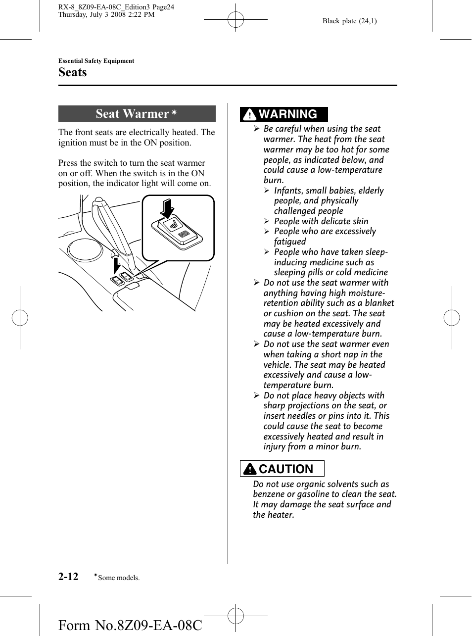 Seat warmer, Seats, Warning | Caution | Mazda 2009 RX-8 User Manual | Page 24 / 430