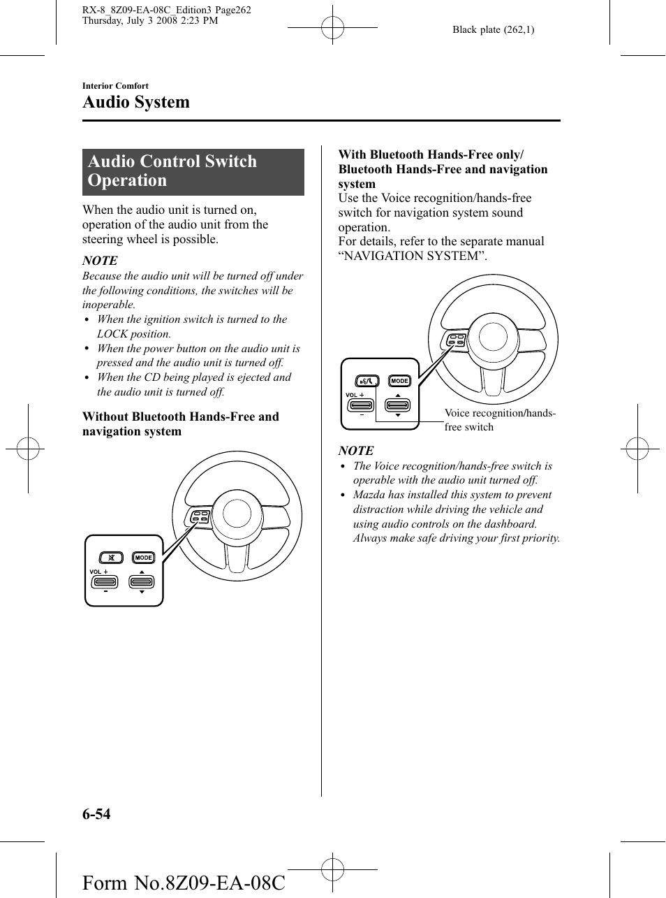 Audio control switch operation, Audio control switch operation -54, Audio system | Mazda 2009 RX-8 User Manual | Page 262 / 430