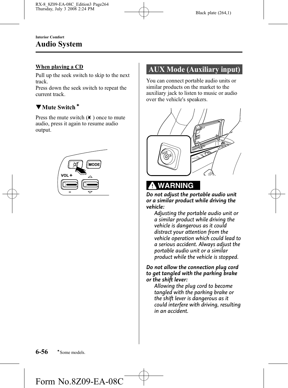 Aux mode (auxiliary input), Aux mode (auxiliary input) -56, Audio system | Warning | Mazda 2009 RX-8 User Manual | Page 264 / 430