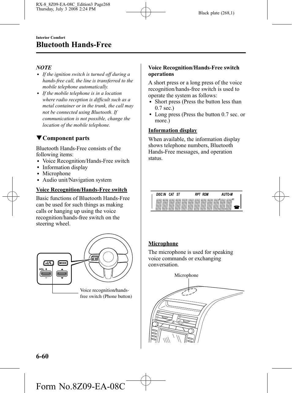 Bluetooth hands-free, Qcomponent parts | Mazda 2009 RX-8 User Manual | Page 268 / 430