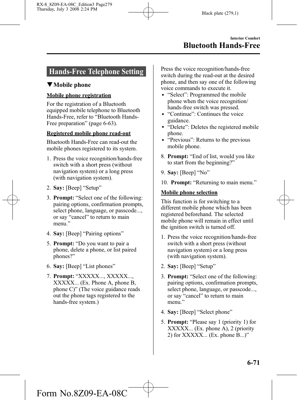Hands-free telephone setting, Hands-free telephone setting -71, Bluetooth hands-free | Mazda 2009 RX-8 User Manual | Page 279 / 430