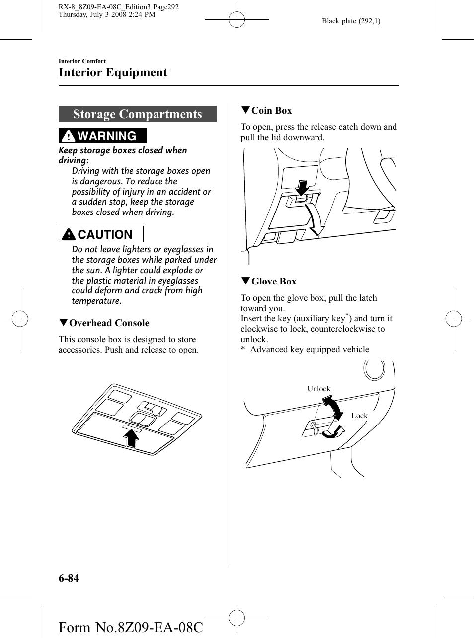 Storage compartments, Storage compartments -84, Interior equipment | Warning, Caution | Mazda 2009 RX-8 User Manual | Page 292 / 430