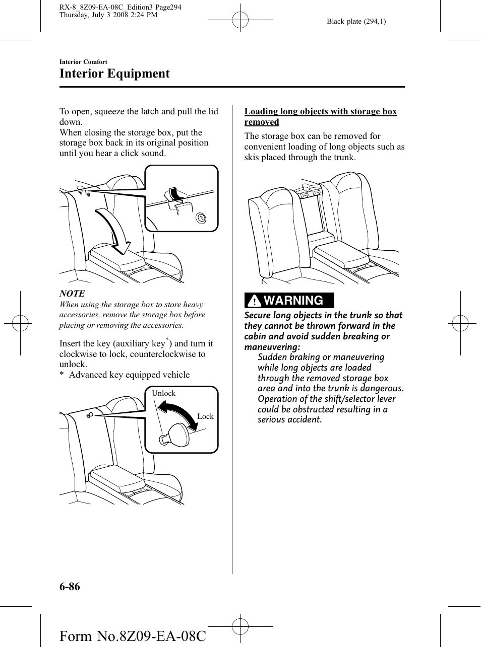 Interior equipment, Warning | Mazda 2009 RX-8 User Manual | Page 294 / 430