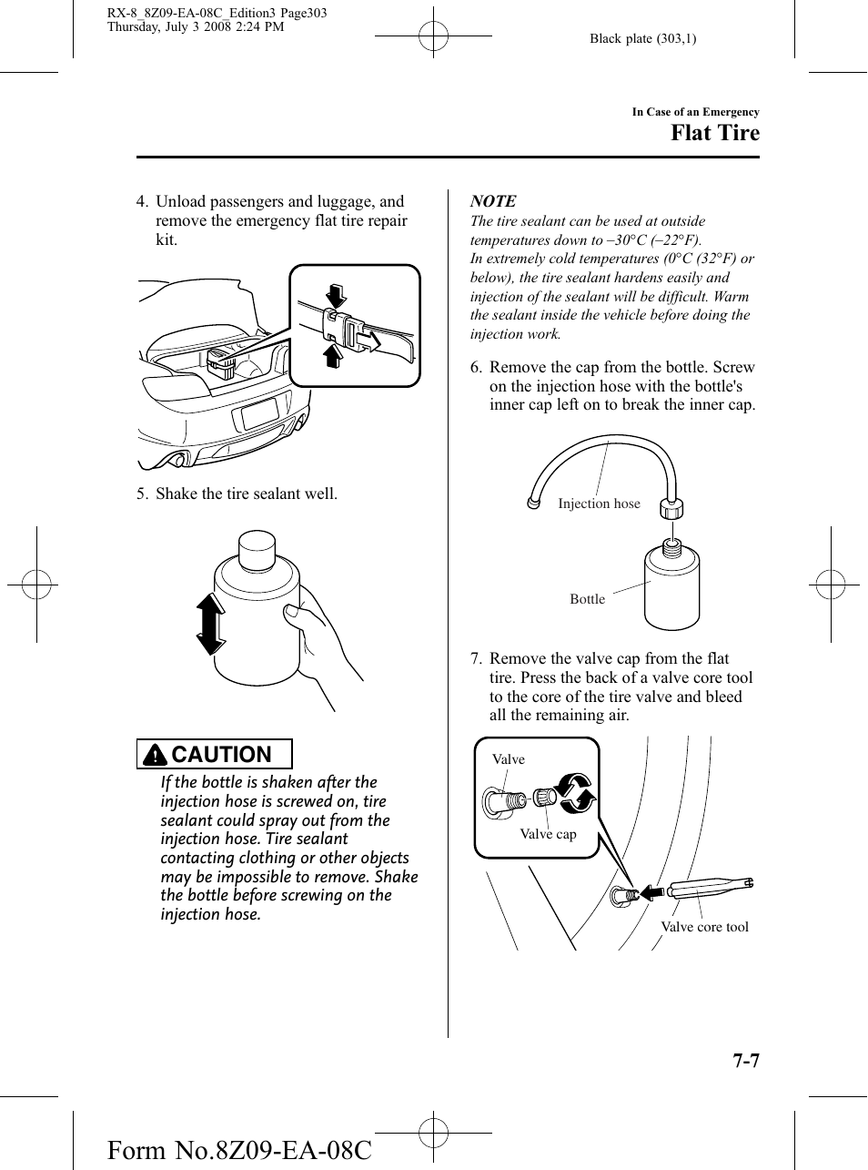 Flat tire, Caution | Mazda 2009 RX-8 User Manual | Page 303 / 430