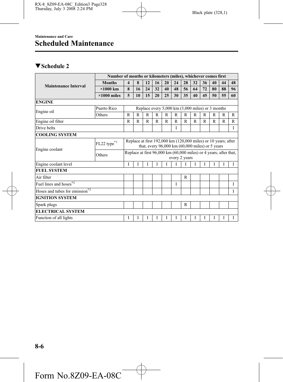 Scheduled maintenance, Qschedule 2 | Mazda 2009 RX-8 User Manual | Page 328 / 430