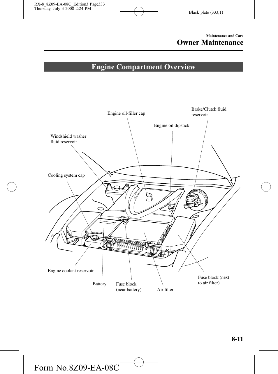 Engine compartment overview, Engine compartment overview -11, Owner maintenance | Mazda 2009 RX-8 User Manual | Page 333 / 430