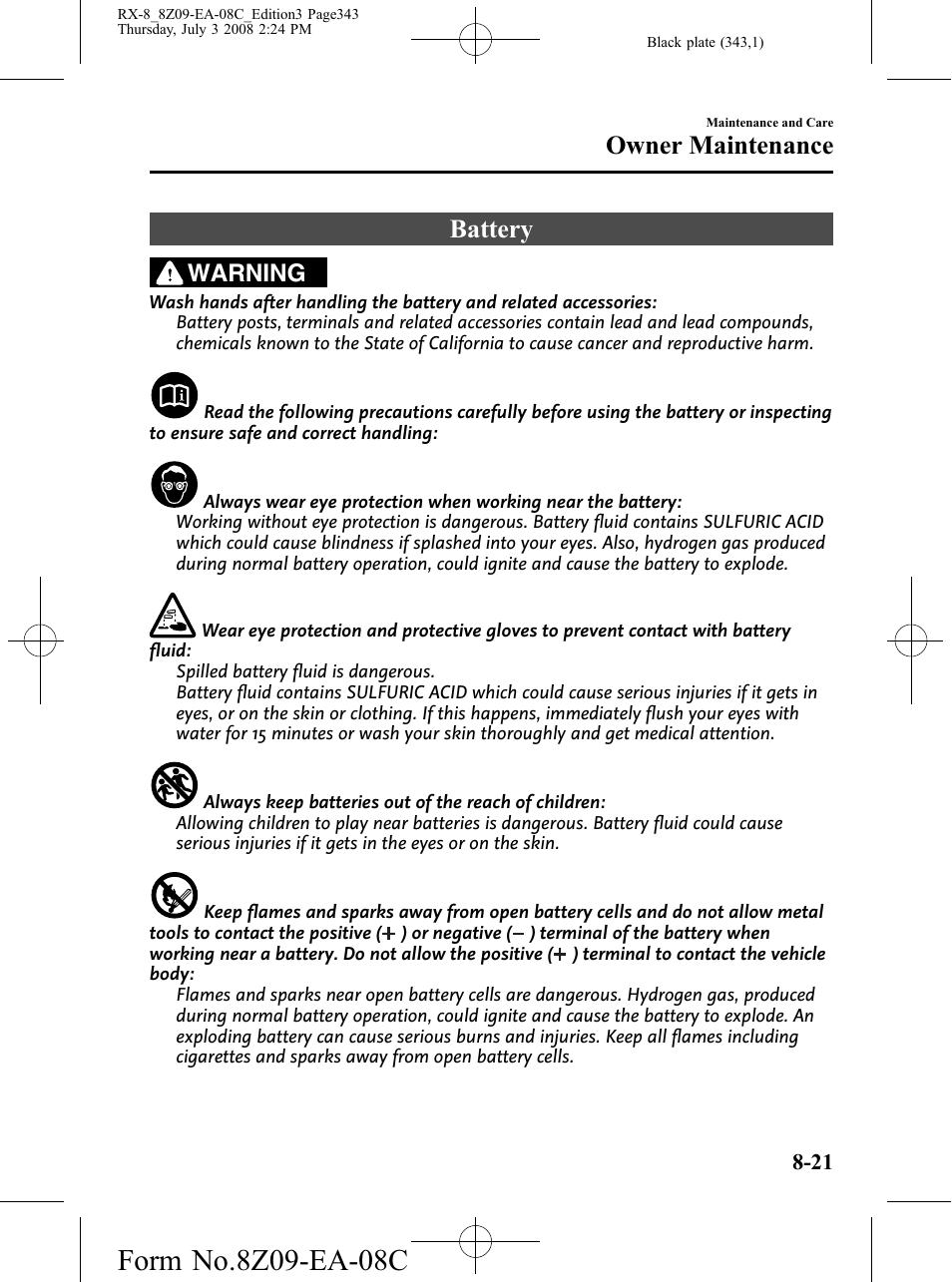 Battery, Battery -21, Owner maintenance | Warning | Mazda 2009 RX-8 User Manual | Page 343 / 430