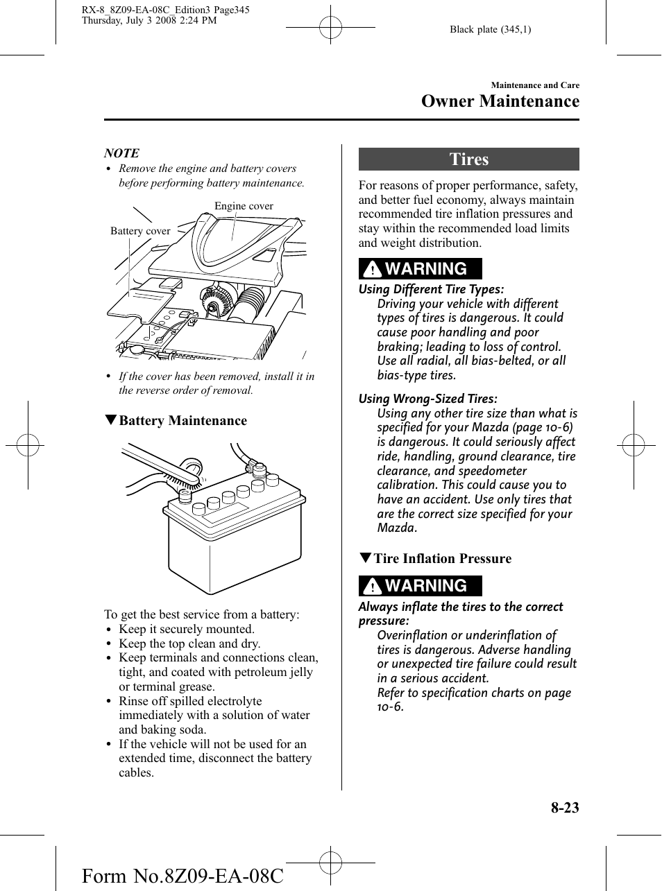 Tires, Tires -23, Owner maintenance | Warning | Mazda 2009 RX-8 User Manual | Page 345 / 430