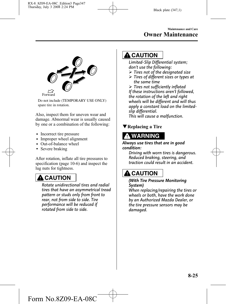 Owner maintenance, Caution, Warning | Mazda 2009 RX-8 User Manual | Page 347 / 430