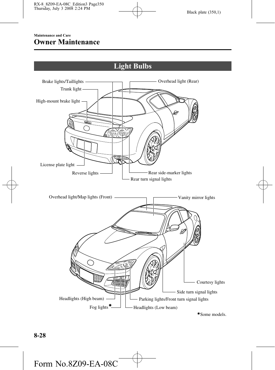 Light bulbs, Light bulbs -28, Owner maintenance | Mazda 2009 RX-8 User Manual | Page 350 / 430