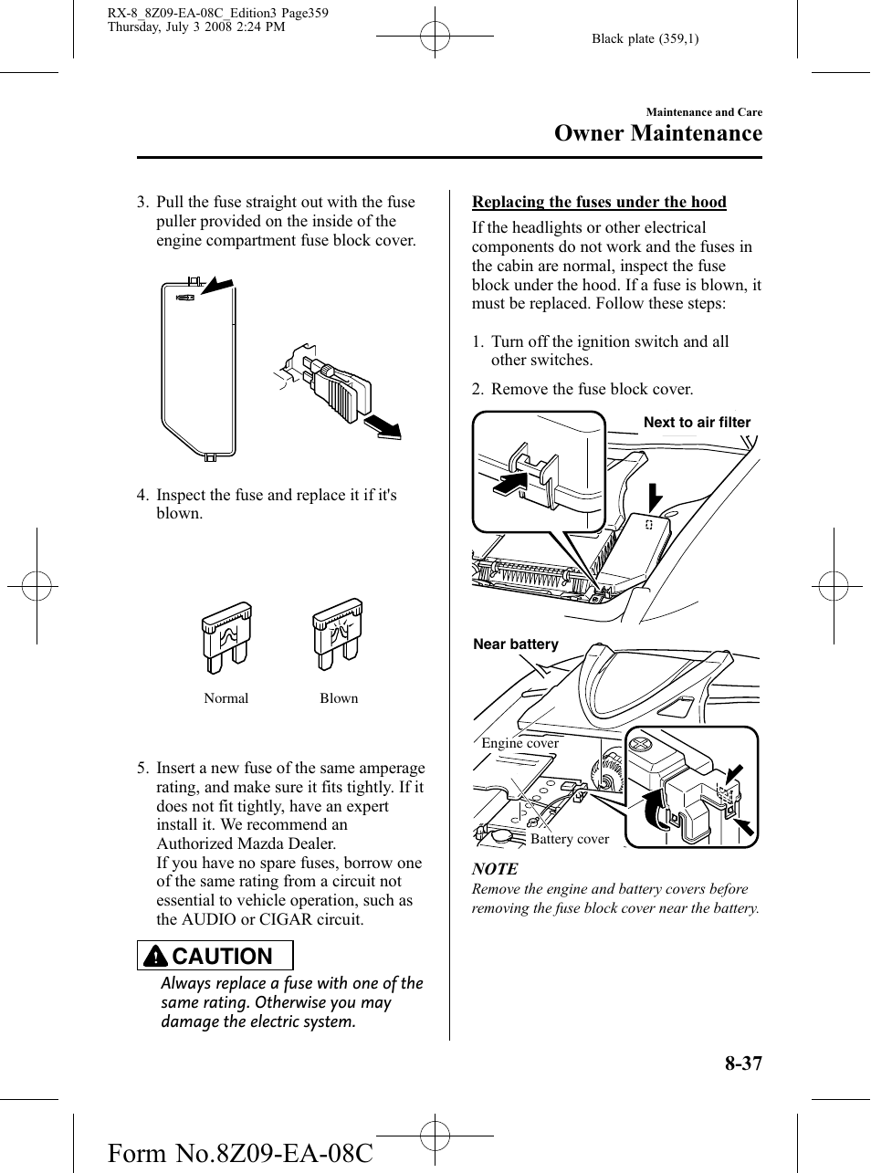 Owner maintenance, Caution | Mazda 2009 RX-8 User Manual | Page 359 / 430