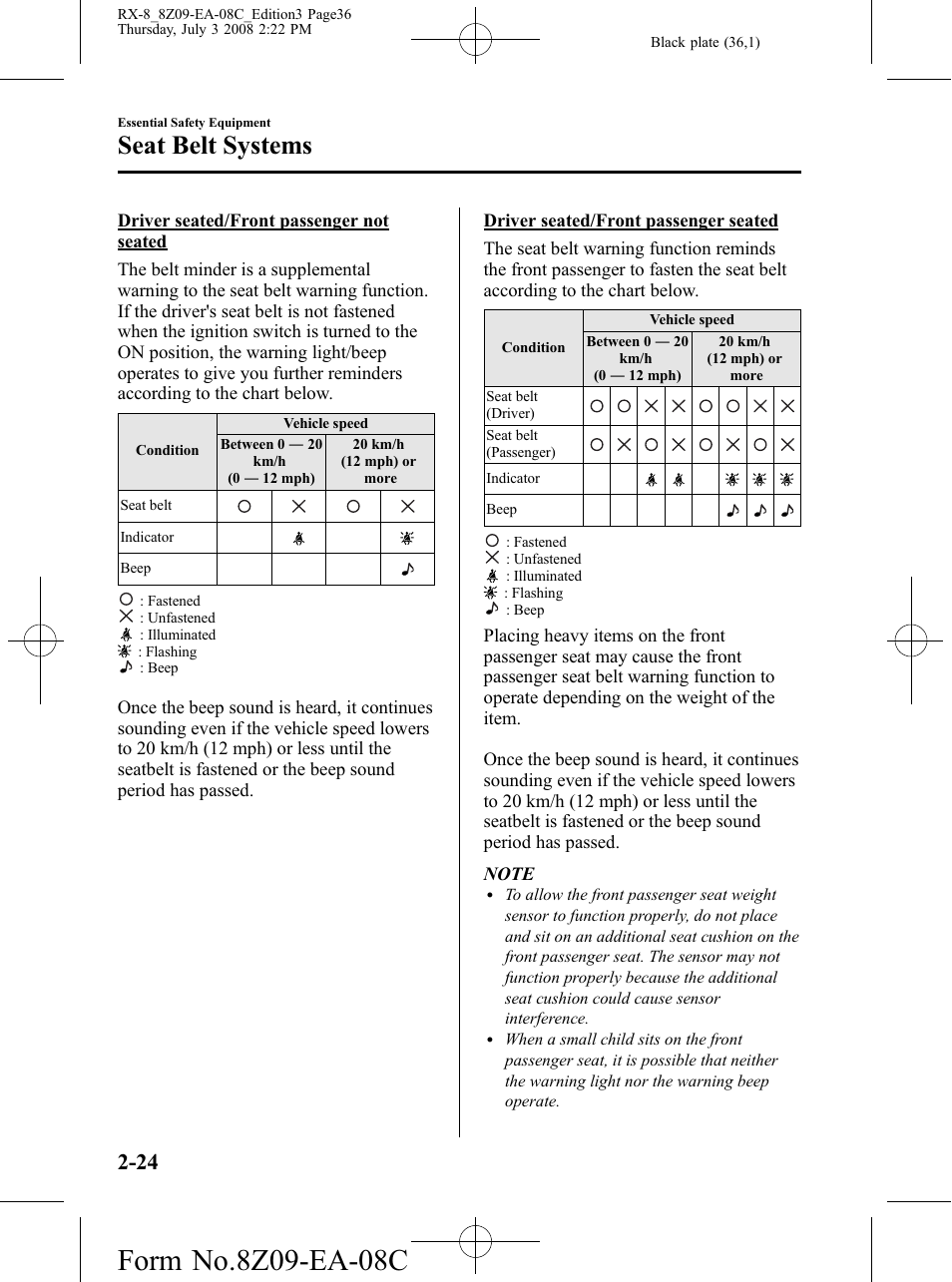 Seat belt systems | Mazda 2009 RX-8 User Manual | Page 36 / 430
