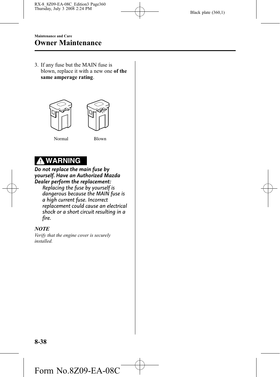 Owner maintenance, Warning | Mazda 2009 RX-8 User Manual | Page 360 / 430