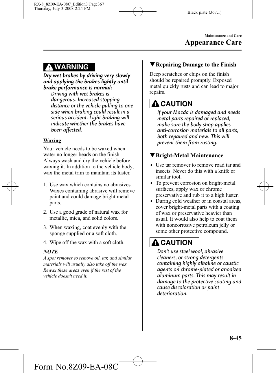 Appearance care, Warning, Caution | Mazda 2009 RX-8 User Manual | Page 367 / 430