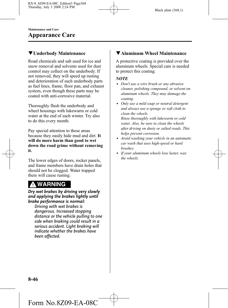 Appearance care, Warning | Mazda 2009 RX-8 User Manual | Page 368 / 430