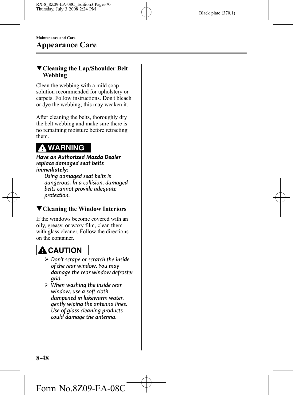 Appearance care, Warning, Caution | Mazda 2009 RX-8 User Manual | Page 370 / 430