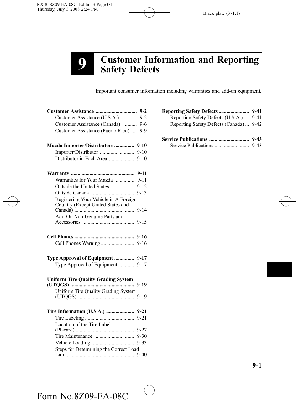 Customer information and reporting safety defects | Mazda 2009 RX-8 User Manual | Page 371 / 430