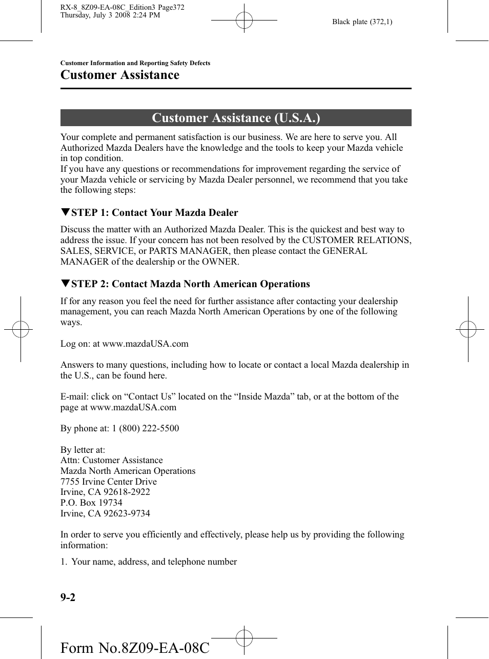 Customer assistance, Customer assistance (u.s.a.), Customer assistance -2 | Customer assistance (u.s.a.) -2 | Mazda 2009 RX-8 User Manual | Page 372 / 430