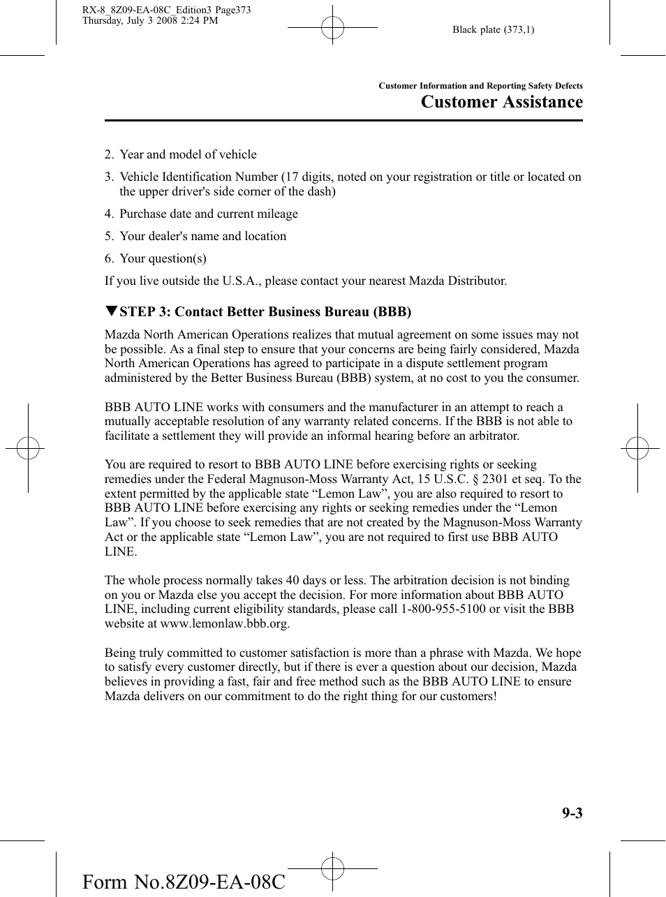 Customer assistance | Mazda 2009 RX-8 User Manual | Page 373 / 430