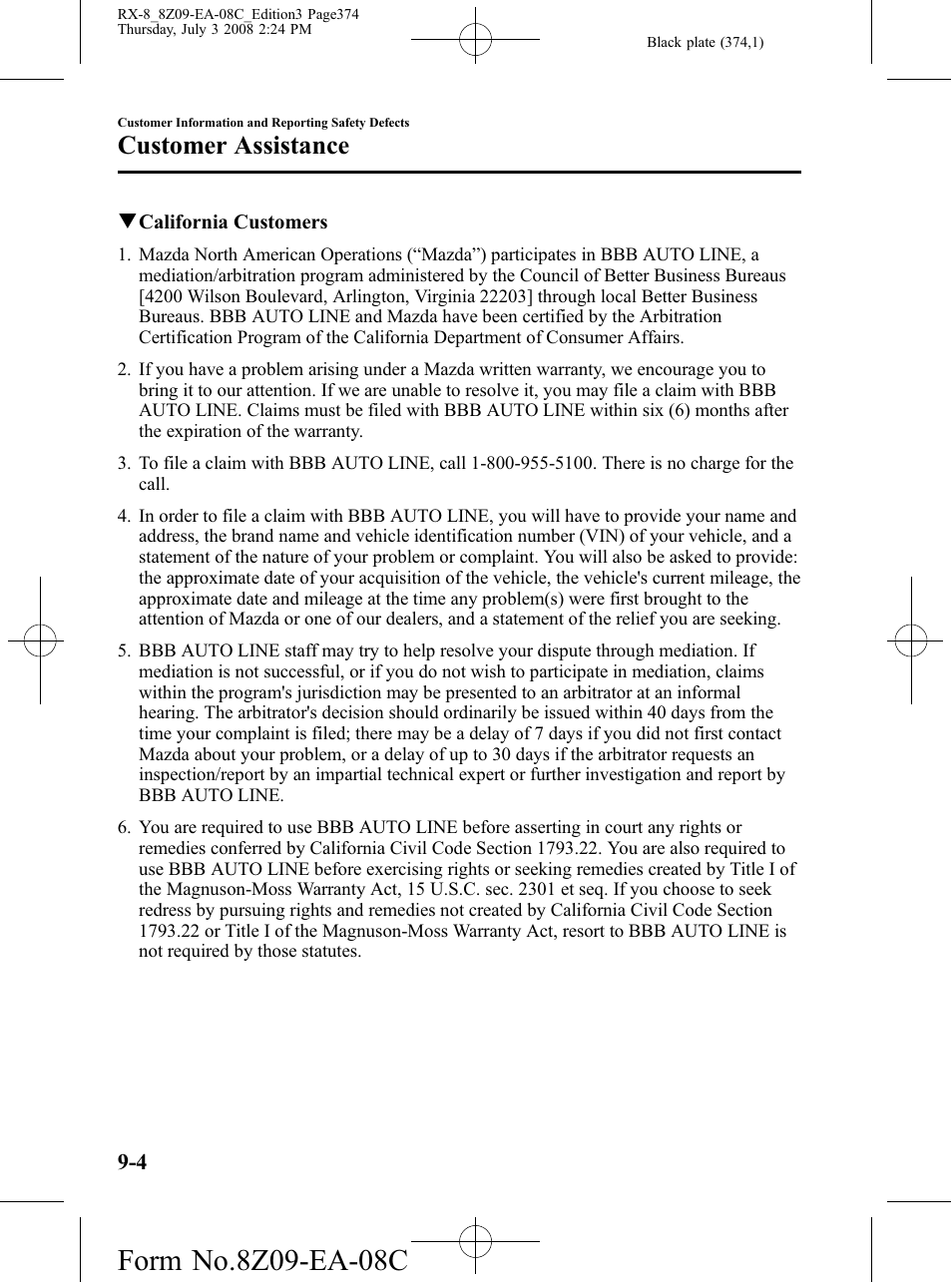 Customer assistance | Mazda 2009 RX-8 User Manual | Page 374 / 430