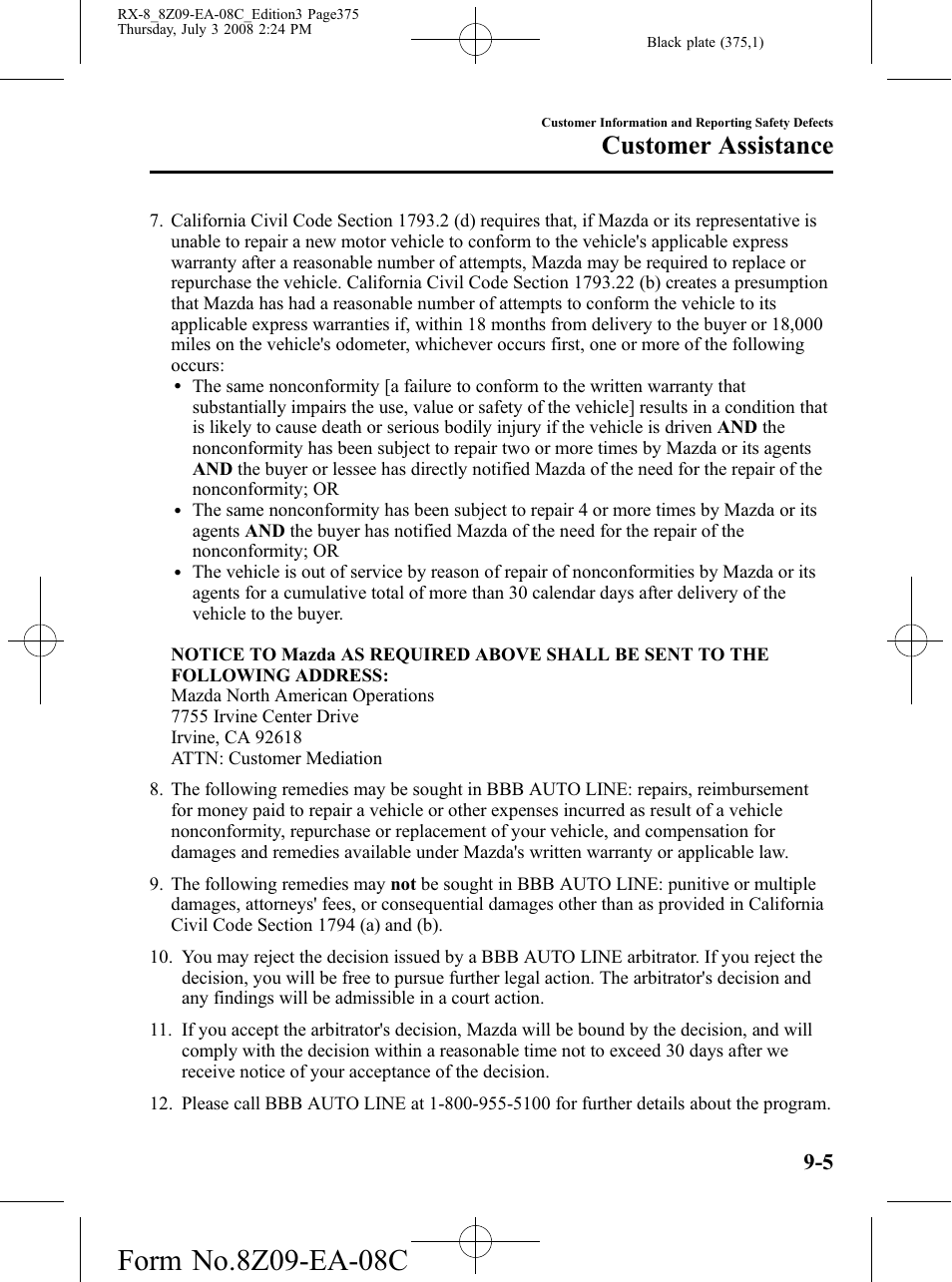 Customer assistance | Mazda 2009 RX-8 User Manual | Page 375 / 430