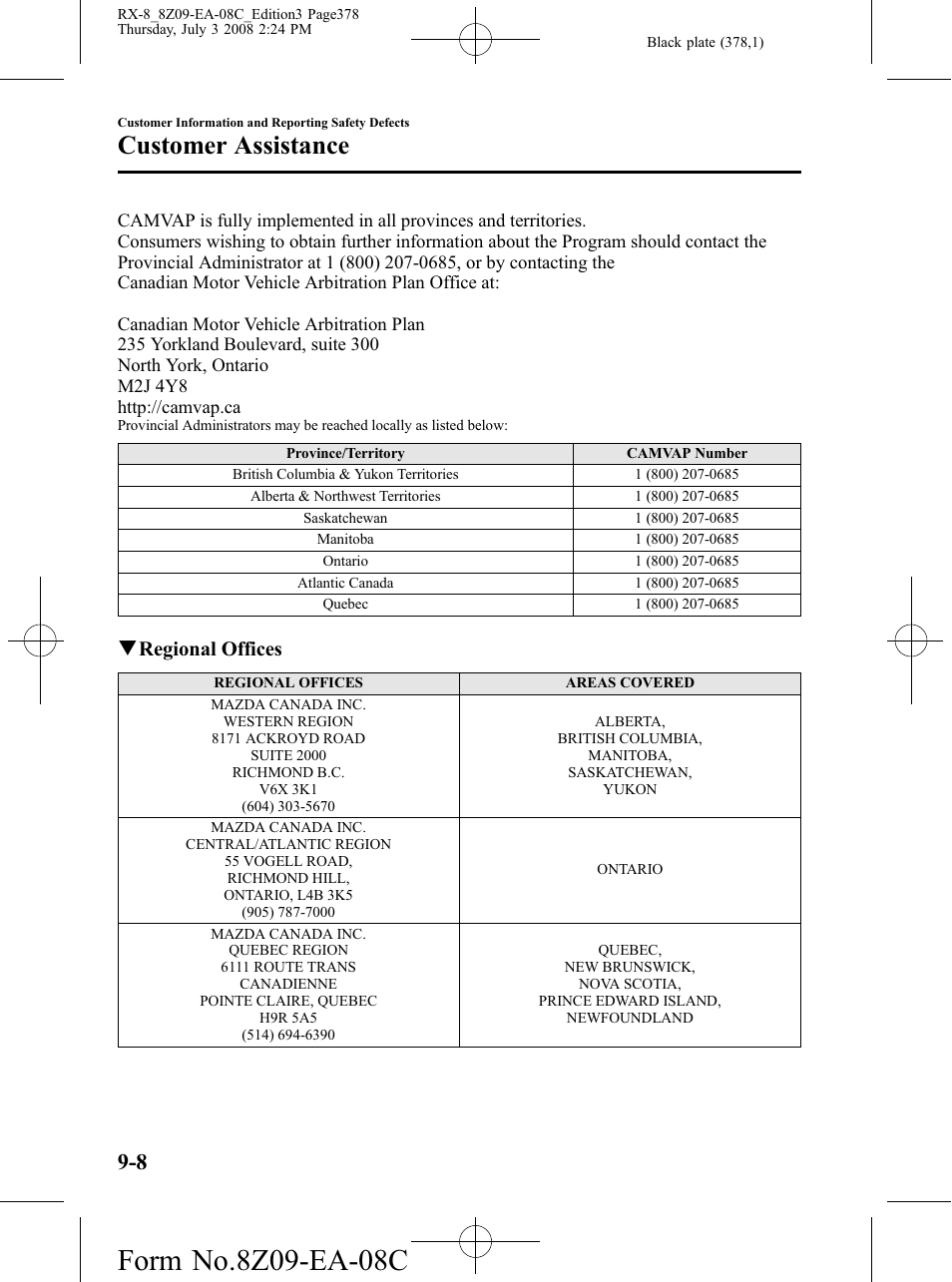 Customer assistance, Qregional offices | Mazda 2009 RX-8 User Manual | Page 378 / 430