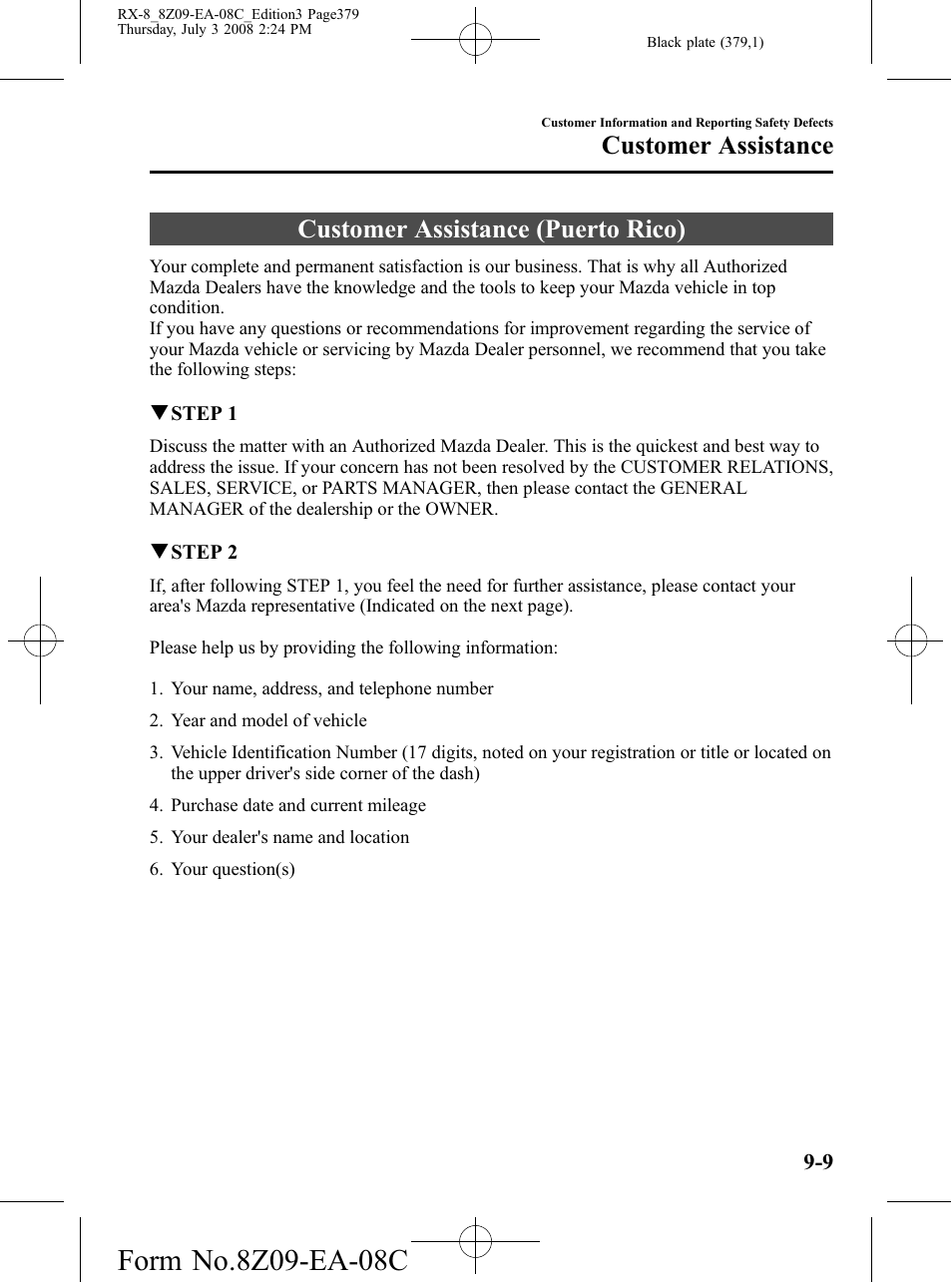Customer assistance (puerto rico), Customer assistance (puerto rico) -9, Customer assistance | Mazda 2009 RX-8 User Manual | Page 379 / 430