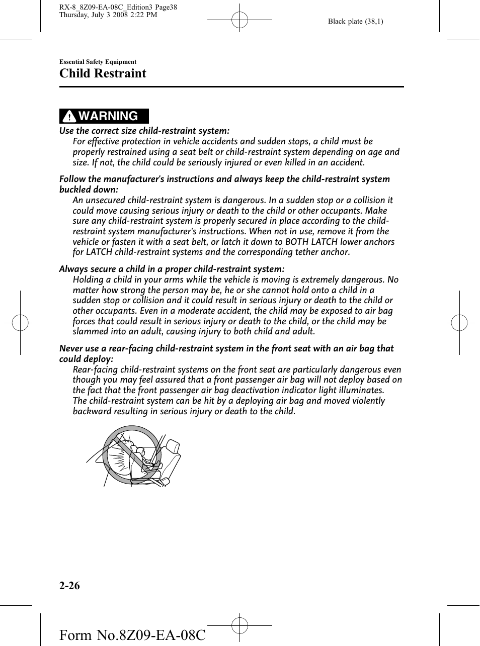 Child restraint, Warning | Mazda 2009 RX-8 User Manual | Page 38 / 430