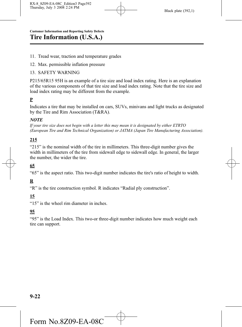 Tire information (u.s.a.) | Mazda 2009 RX-8 User Manual | Page 392 / 430
