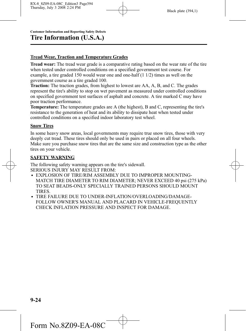Tire information (u.s.a.) | Mazda 2009 RX-8 User Manual | Page 394 / 430