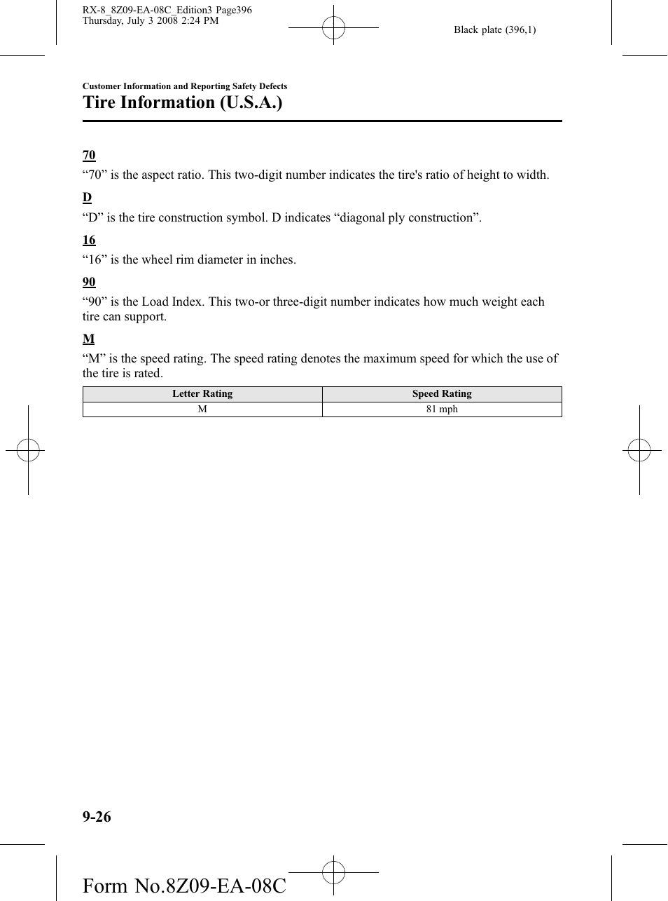 Tire information (u.s.a.) | Mazda 2009 RX-8 User Manual | Page 396 / 430