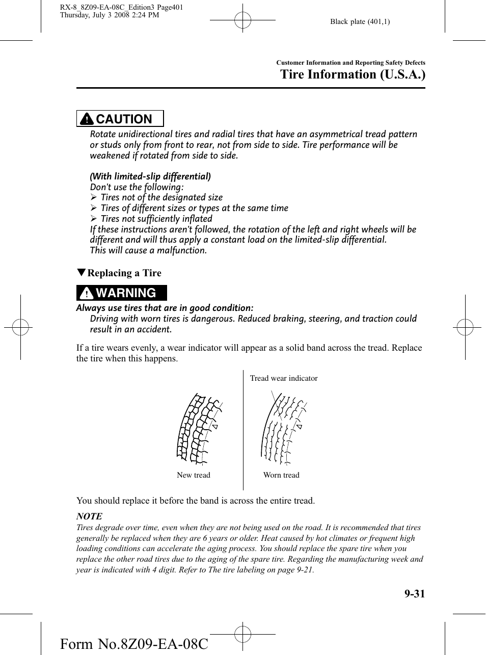 Tire information (u.s.a.), Caution, Warning | Mazda 2009 RX-8 User Manual | Page 401 / 430